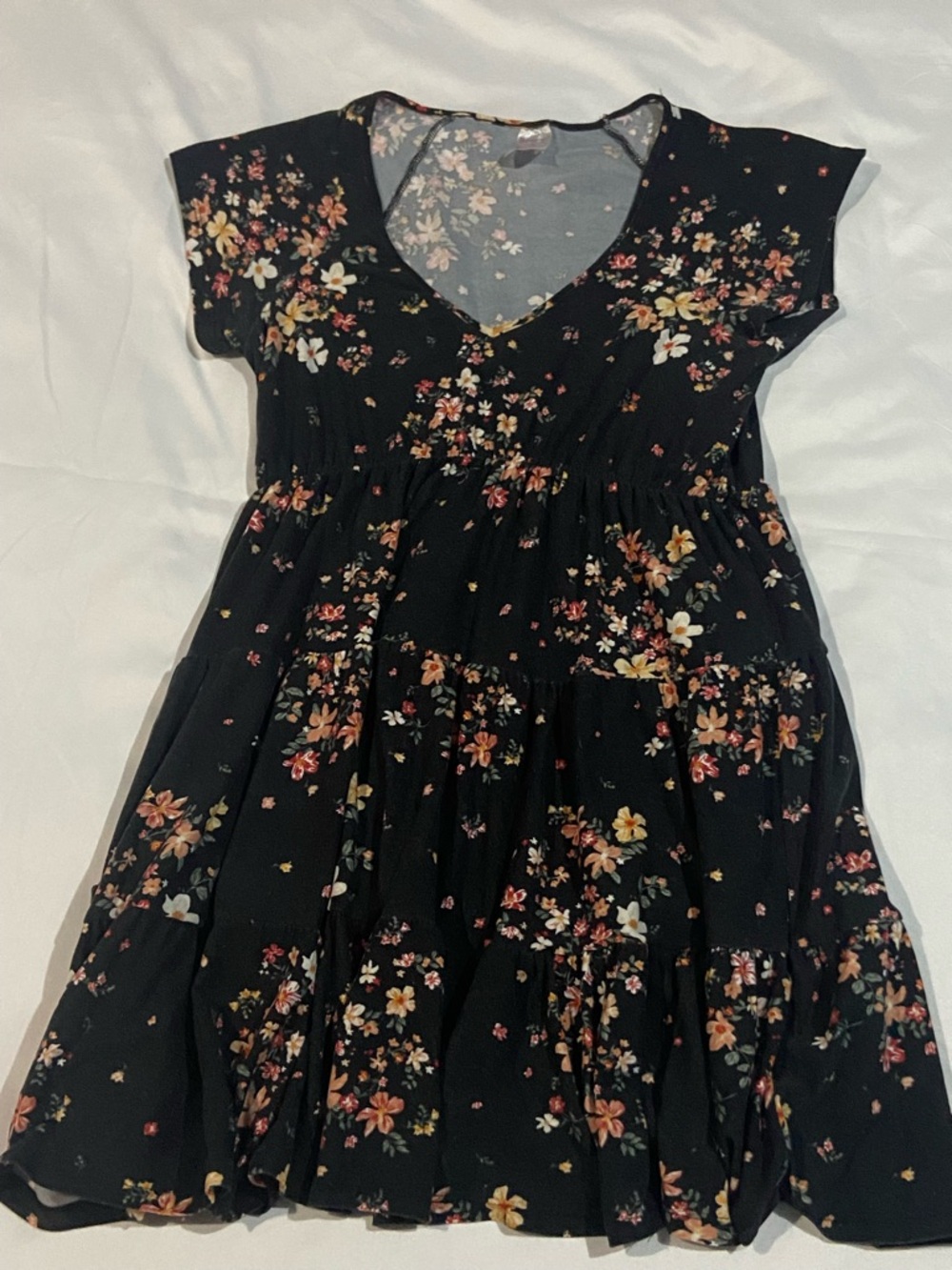 No Boundaries Black Floral V-Neck Mini with Pink and Cream Flowers